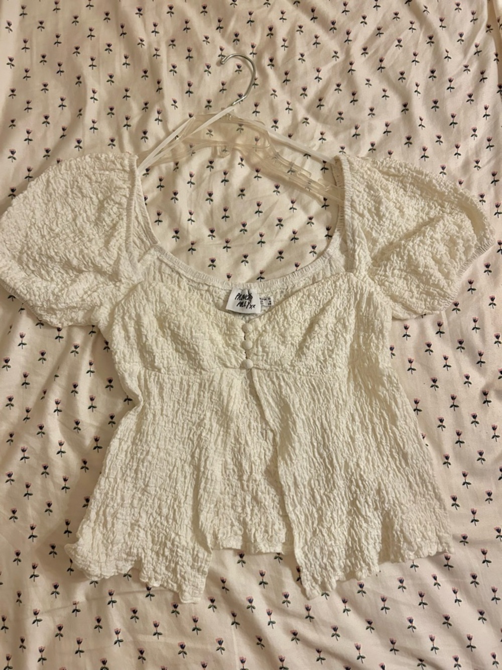 Princess Polly Cream Textured Puff-Sleeve Babydoll Top